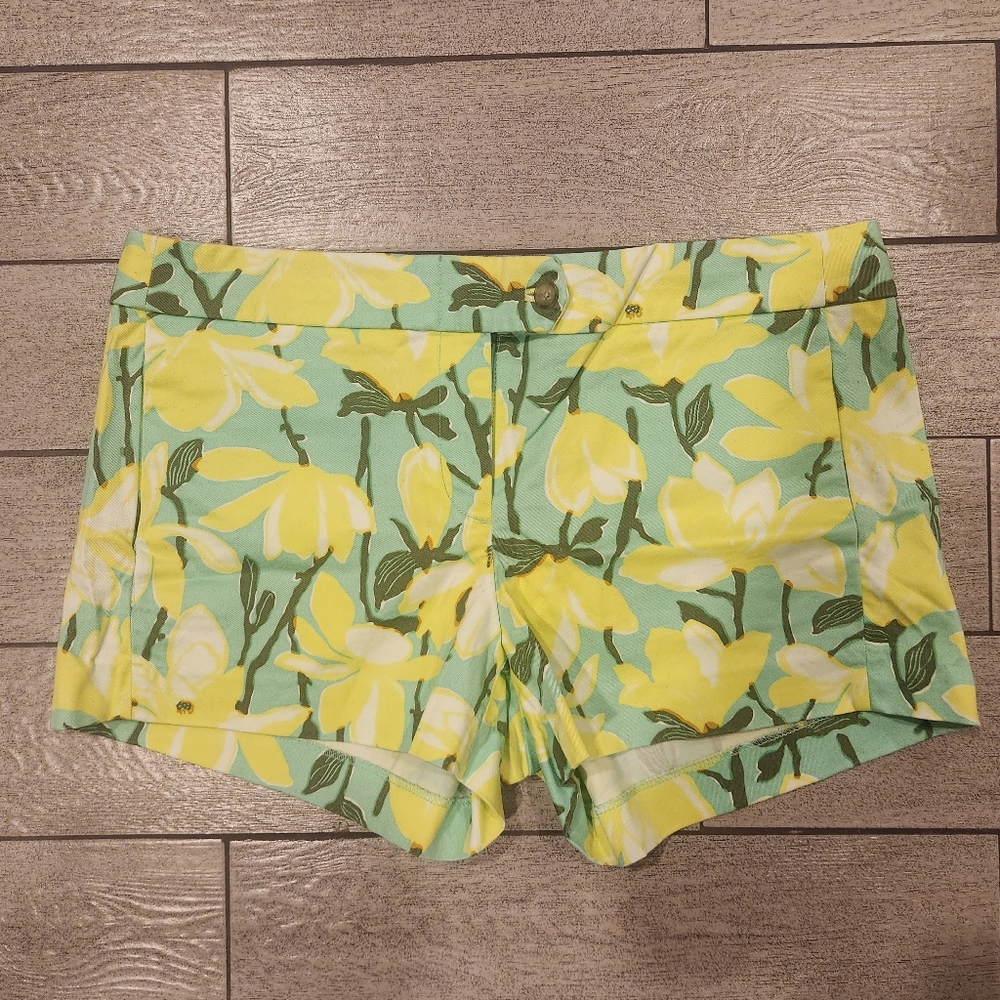 J. Crew High Waist Floral Green and Yellow Shorts
